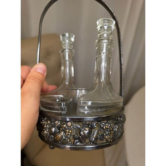 Vintage Ornate Silver Plate Glass Cruet Set With Decorative Handle & Fruit Motif - Picture 7 of 15
